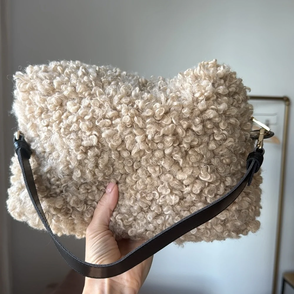 Anthropologie Cream Textured Shoulder Bag